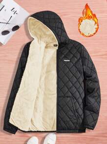GENTILAND Loose Fit Men's Letter Patched Detail Teddy Lined Hooded Quilted Coat - Apricot - View 1