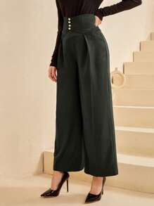 Modelyn High Waisted Solid Gold Front Buttons Wide Leg Pants Gold Front Buttons - Army Green - View 4