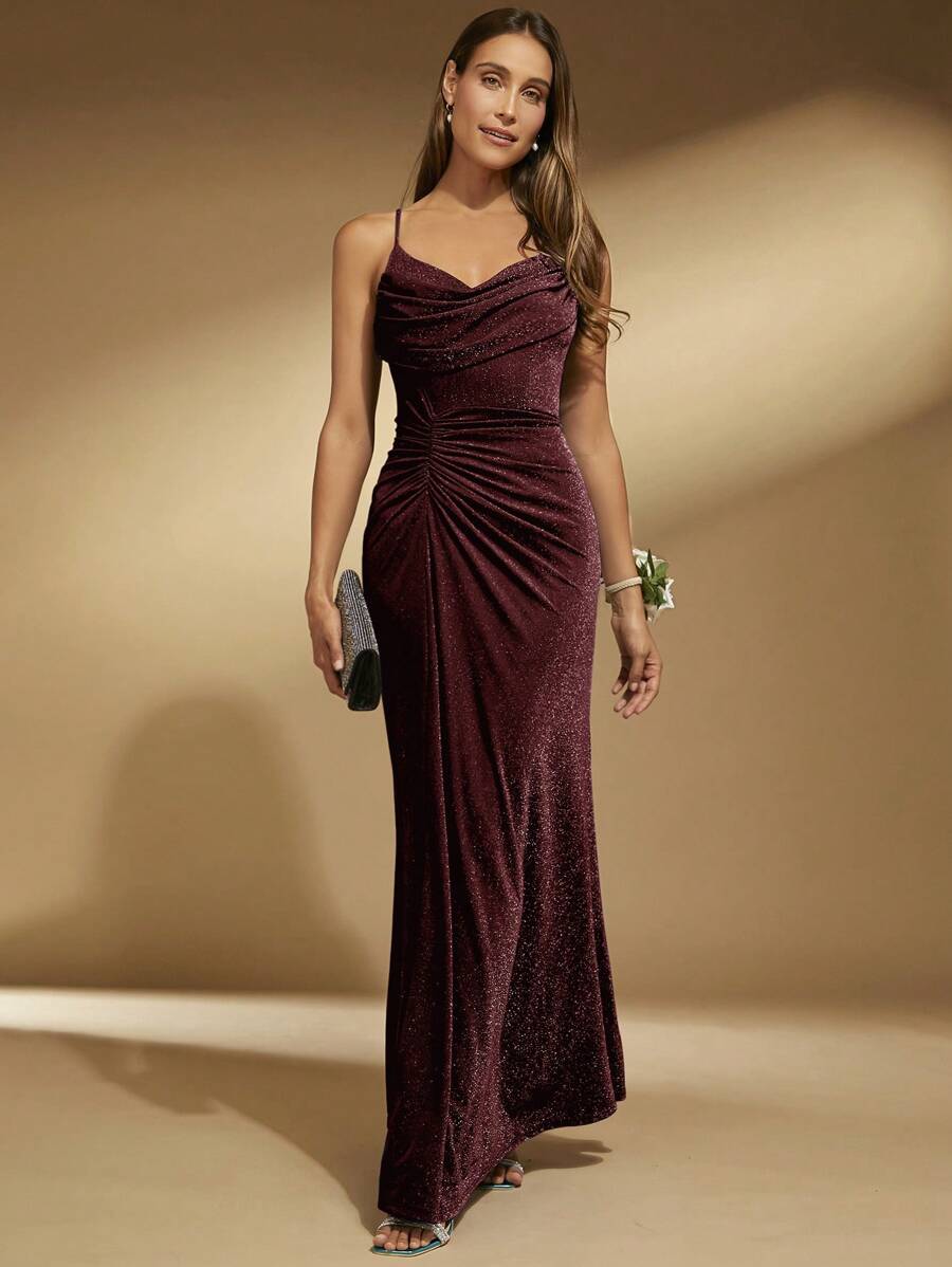 SHEIN Belle Váy dạ hội trang trọng màu đỏ tía xếp nếp phía trước lấp lánh, váy dự tiệc cưới, váy dạ hội - Màu Đỏ Sâu - Xem 1