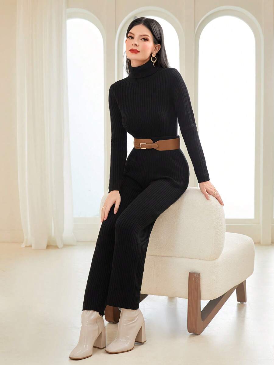 Modelyn 高领毛衣和针织裤（无腰带）2 件套 - 黑色 - 查看 1