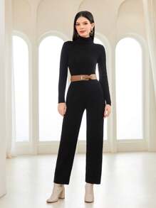 Modelyn Conjunto de 2 piezas de suéter de cuello alto y pantalones de punto sin cinturón