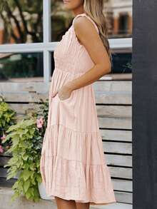 Chất rắn Xù Hoa Sen Đầm xếp ly - Màu be - Xem 6