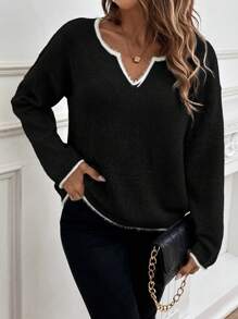 SHEIN LUNE Contrast Binding Notched Neckline Drop Shoulder Sweater