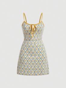 SHEIN MOD Argyle Pattern Contrast Binding Tie Front Cami Sweater Dress - Multicolor - View 1