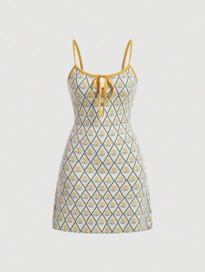 SHEIN MOD Argyle Pattern Contrast Binding Tie Front Cami Sweater Dress