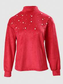 Pearls Beaded Mock Neck Drop Shoulder Fluffy Knit Sweater - Red - View 4