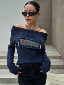 DAZY Letter Pattern Off Shoulder Sweater - Navy Blue - View 1