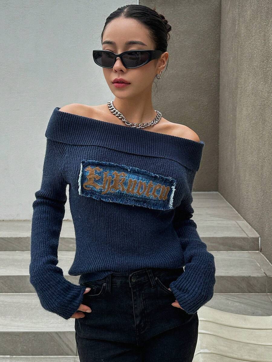 DAZY Letter Pattern Off Shoulder Sweater - Navy Blue - View 1