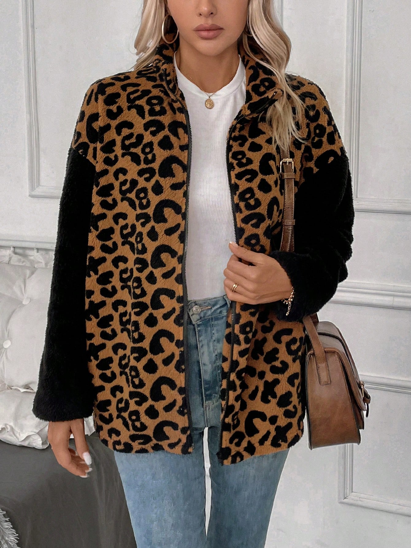 SHEIN LUNE Leopard Pattern Drop Shoulder Zipper Teddy Coat SHEIN USA