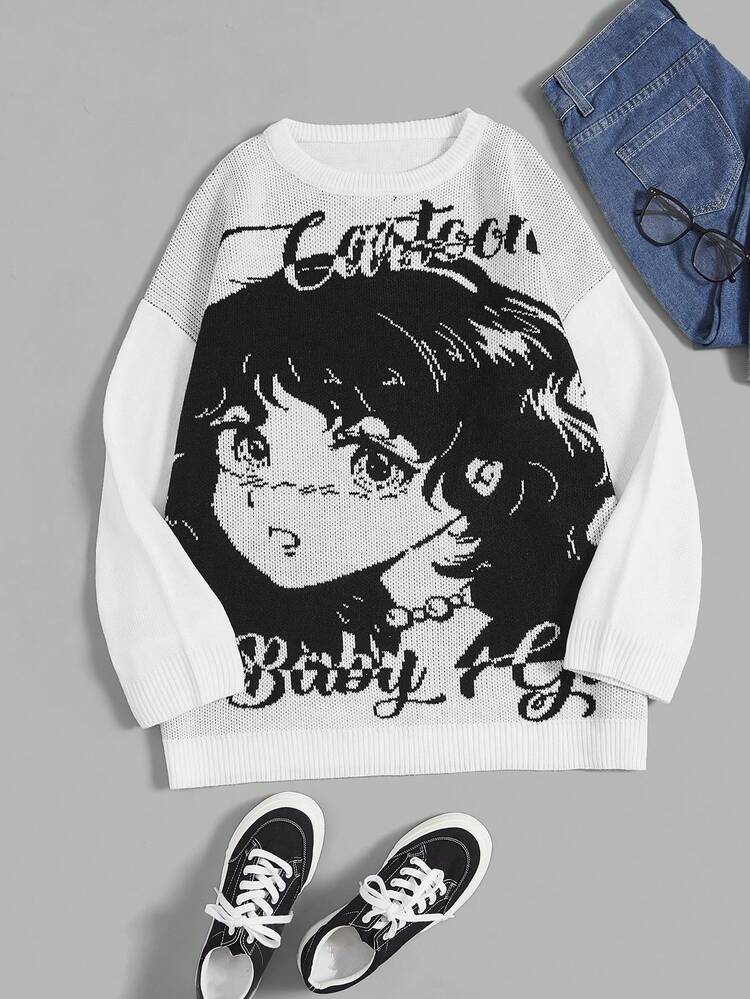 Plus Figure & Letter Pattern Drop Shoulder Sweater