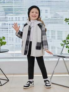 SHEIN Young Girl Contrast Plaid Dual Pocket Raglan Sleeve Hooded Teddy Coat - Multicolor - View 3