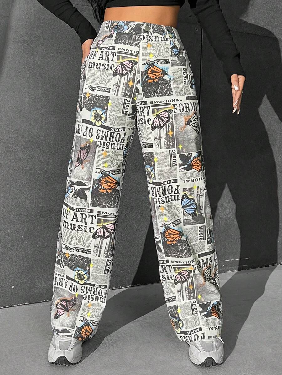SHEIN Coolane Newspaper Print Wide Leg Pants - Multicolor - View 1