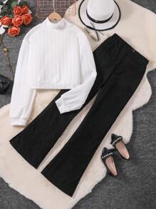 青少年女孩小高領運動衫和喇叭褲 - 白色 - 查看 1