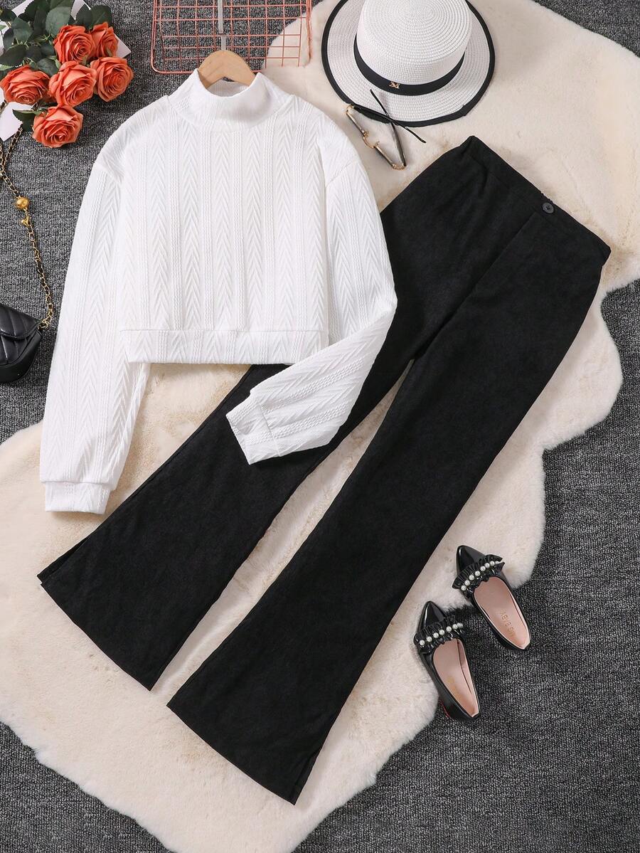 青少年女孩小高領運動衫和喇叭褲 - 白色 - 查看 1