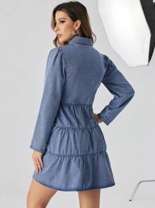 Button Front Denim Dress - Blue - View 1