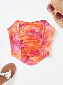 Soleia Tie Dye Curved Hem Ruched Crop Tube Top - Multicolor - View 1