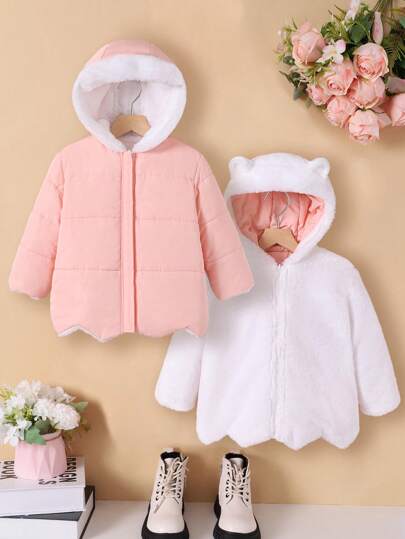 SHEIN 年轻女孩单件双色 3D 耳朵设计连帽双面夹棉大衣