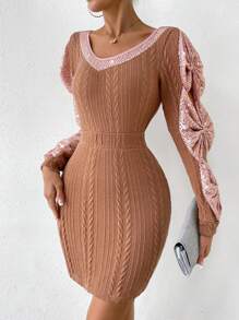 Chiquease Vestido ajustado con lentejuela en contraste con diseño de lazo con abertura de manga farol tejido de cable - Caqui - Ver 5