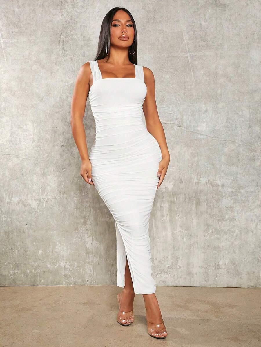 SHEIN SXY Prom Dress;Solid Ruched Split Thigh Dress,White Graduation Dress - White - View 1