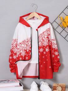 SHEIN Tween Girl Snowflake Print Zip Up Hooded Coat - Red and White - View 7