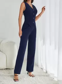 SHEIN Tall 秋冬款纽扣前开襟背心西装外套和裤子 - 藏蓝色 - 查看 3