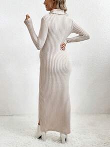 SHEIN 孕婦高領高衩條紋針織洋裝 - 杏色 - 查看 2