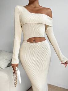 Allurite Asymmetrical Neck Cut Out Ribbed Knit Sweater Dress - Apricot - View 6