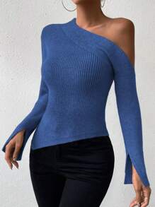 Chiquease Asymmetrical Neck Asymmetrical Hem Ribbed Knit Pullover Fall Winter Sweater - Royal Blue - View 3