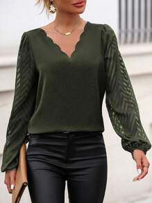 SHEIN Clasi Scallop Trim Lantern Sleeve Blouse - Army Green - View 1