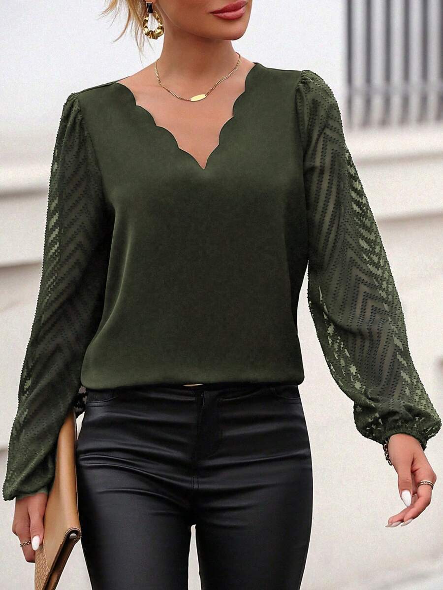 SHEIN Clasi Scallop Trim Lantern Sleeve Blouse - Army Green - View 1