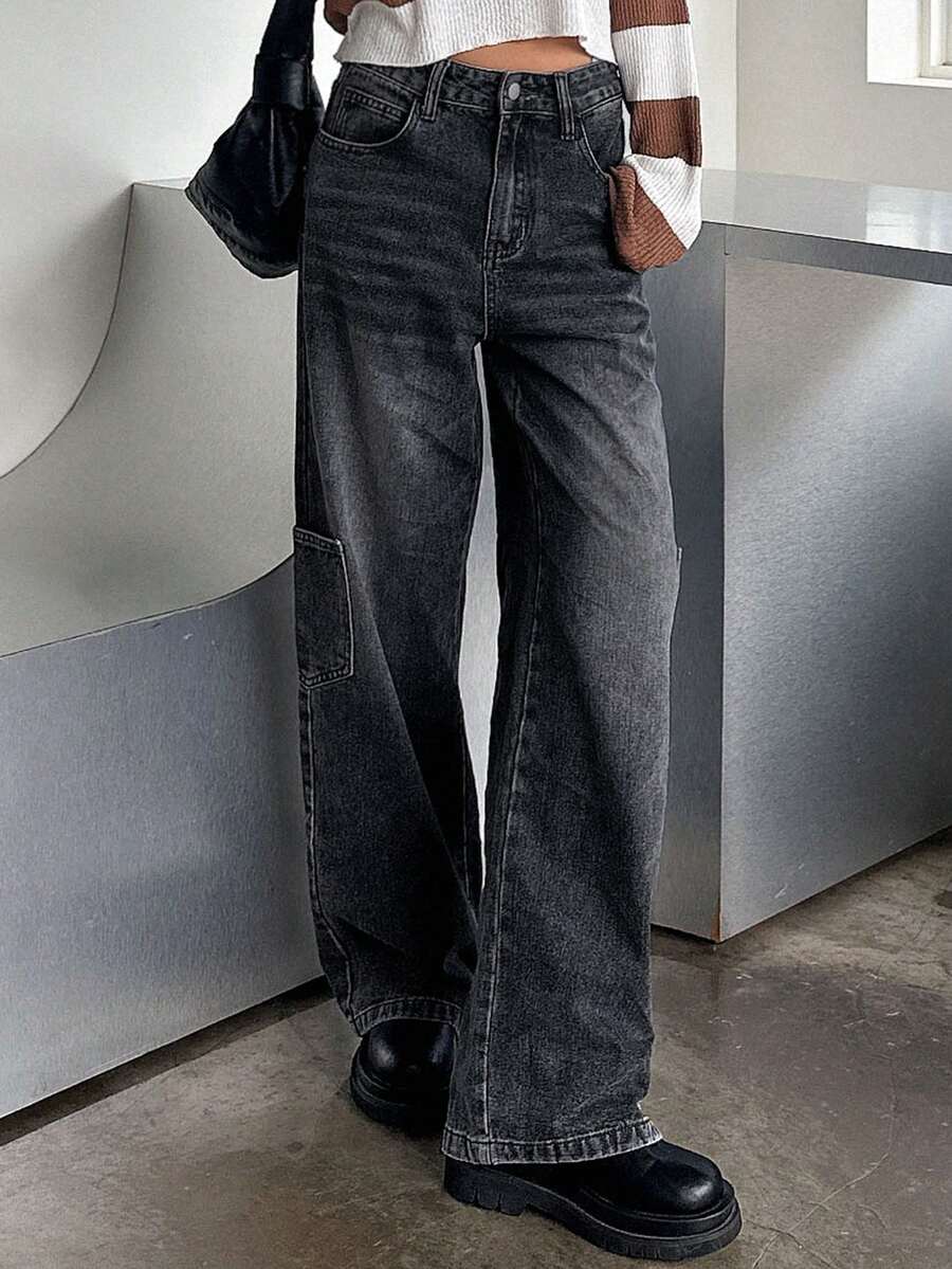 DAZY High Waist Cargo Jeans - Dark Grey - View 1