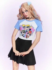 The Powerpuff Girls | ROMWE 卡通圖案插肩袖T恤 - 藍色 - 查看 1