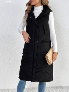 SHEIN Tall Solid Hooded Puffer Vest Coat - Black - View 6