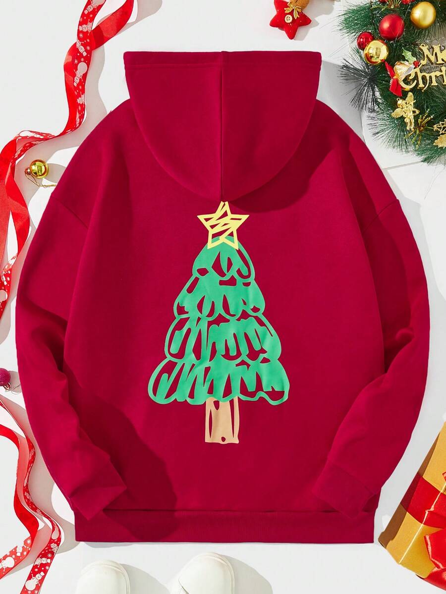 Manfinity Hypemode Nam Plus In Giáng sinh Thả vai Dây rút Hoodie - Màu Đỏ Sâu - Xem 1