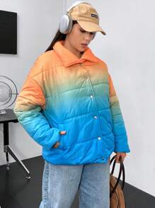 Flirla Plus Ombre Drop Shoulder Snap Button Padded Padded Coat Clothes Winter - Multicolor - View 4