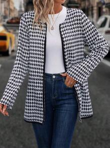 EMERY ROSE Houndstooth Print Open Front Contrast Binding Open Front Coat Fall Cloth For Women