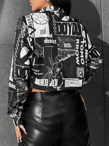 Muchica 女士休闲时尚街头拼接印花短款宽松衬衫，春秋季 - 黑與白 - 查看 2