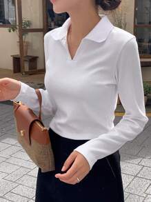 DAZY Solid Ribbed Knit Tee,Back To School Clothes Preppy Tops Long Sleeve Women Tops - White - View 5