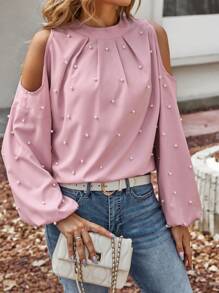 SHEIN Essnce 挖肩珍珠串珠燈籠袖襯衫 - 粉色 - 查看 3