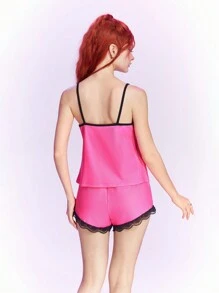 The Powerpuff Girls | ROMWE Đồ họa Hoạt hình Ren tương phản Bộ Áo Cami & Quần shorts PJ - Hồng - Xem 6