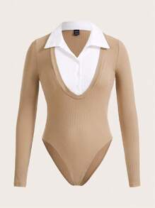 SHEIN EZwear Two Tone 2 In 1 Bodysuit - Camel - View 4