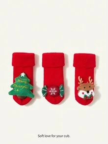 SHEIN 聖誕節毛絨飾品大紅色3對襪子套裝 - 紅色 - 查看 2