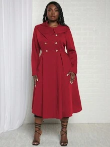 Slaydiva 大碼雙排釦腰帶風衣外套 - 紅色 - 查看 5