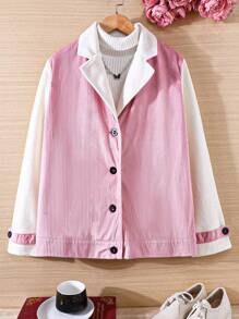 Teen Girl 1pc Two Tone Lapel Neck Button Front Jacket