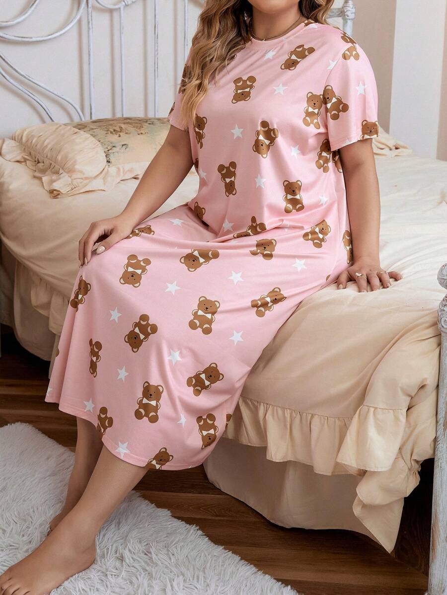 大碼星星&小熊印花睡裙 - 粉色 - 查看 1
