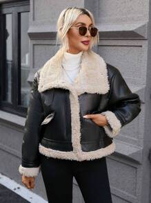SHEIN Essnce Teddy Lined PU Leather Jacket - Black - View 1