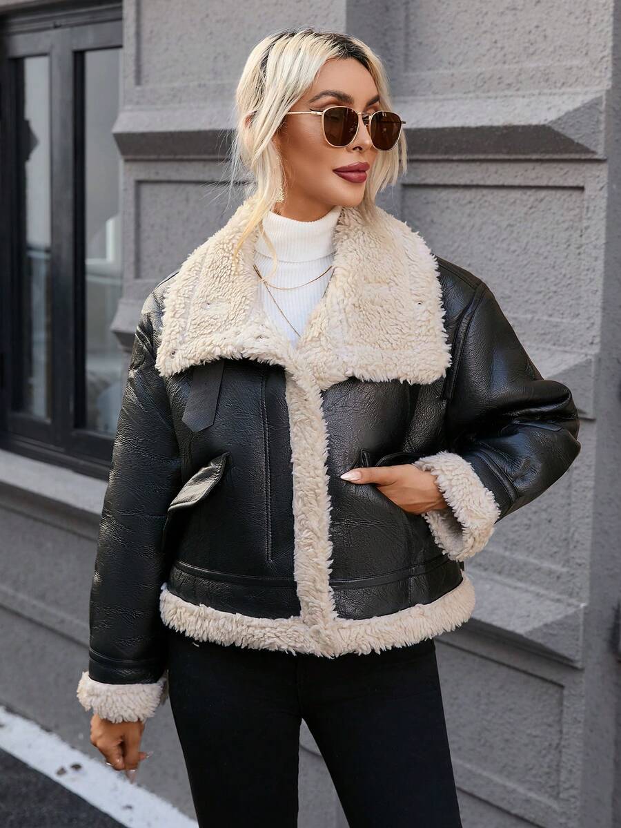SHEIN Essnce Teddy Lined PU Leather Jacket - Black - View 1