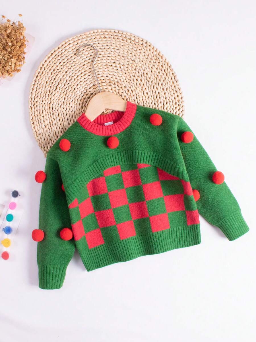 SHEIN 女小童棋盤格圖案絨球細節套頭毛衣 - 墨綠色 - 查看 1