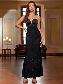 PARTHEA V-neck See Through Satin Spliced Boning Sequin Bodycon Long Dress - Black - View 7