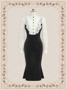 SHEIN DECDS 復古優雅女式天鵝絨拼布魚尾裙 - 黑色 - 查看 1